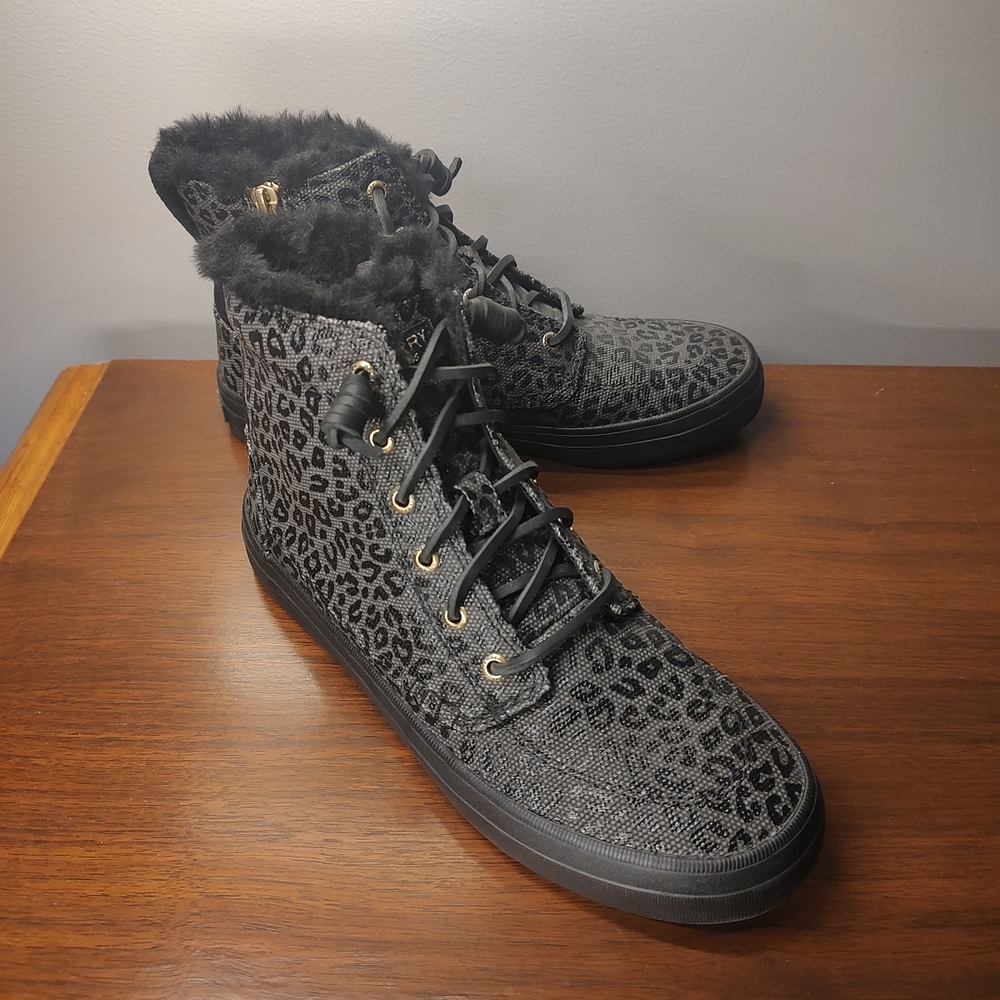 Sperry Black Leopard Spot Faux Fur Lined Booties W 7.5 NWOB!